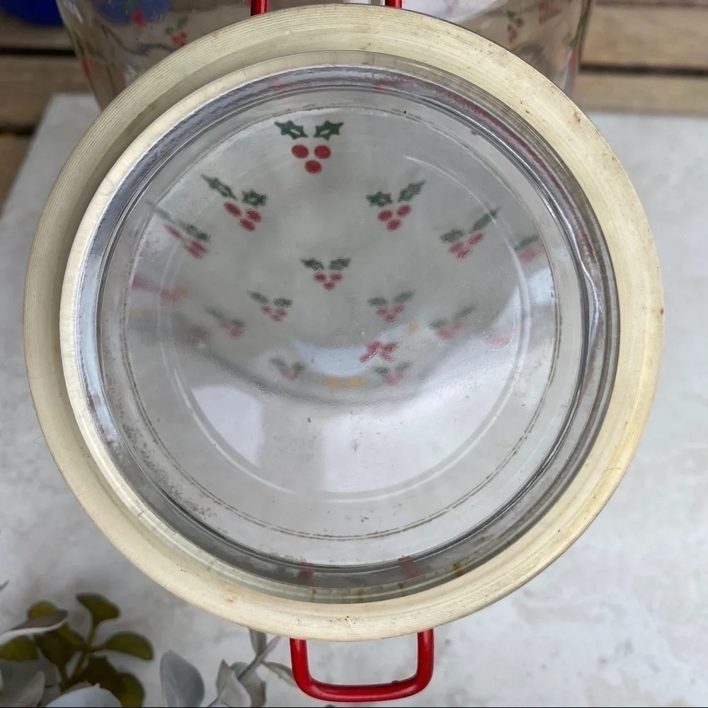 Vintage Christmas holly duck glass canister w lid